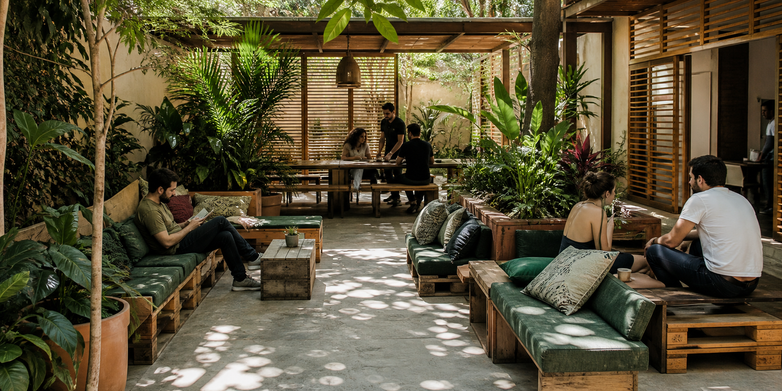 Área de convivência corporativa com pallets e vegetação